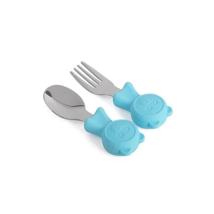 304 Çelik Panda Bebek Kaşık Çatal SetiSilikon Saplı BPA İçermez Ergonomik Kaymaz Mavi