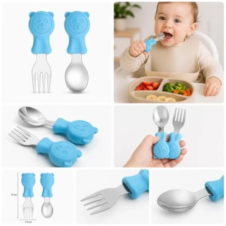 304 Çelik Panda Bebek Kaşık Çatal SetiSilikon Saplı BPA İçermez Ergonomik Kaymaz Mavi