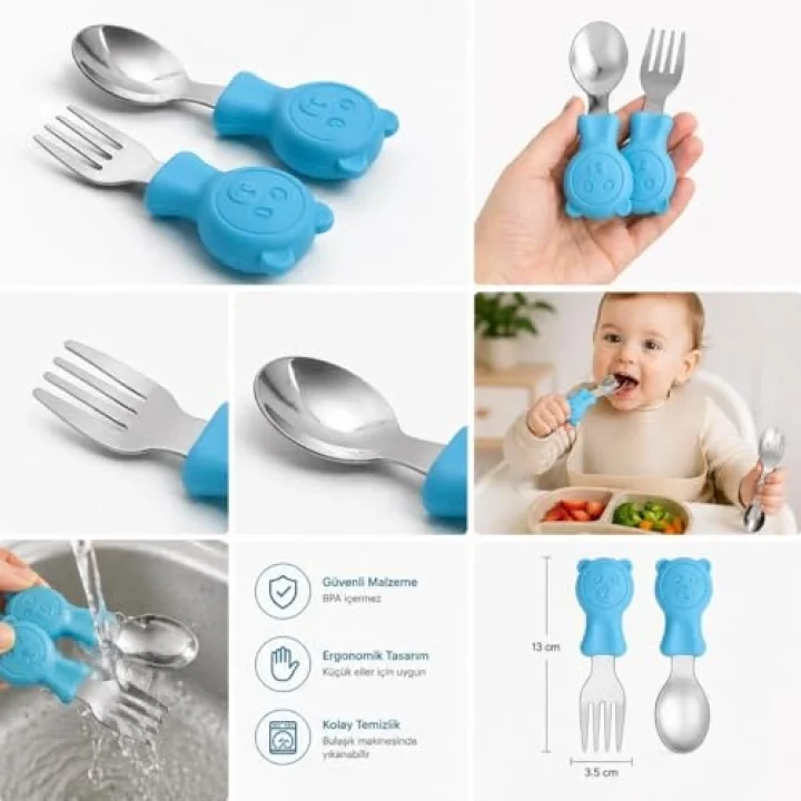 304 Çelik Panda Bebek Kaşık Çatal SetiSilikon Saplı BPA İçermez Ergonomik Kaymaz Mavi