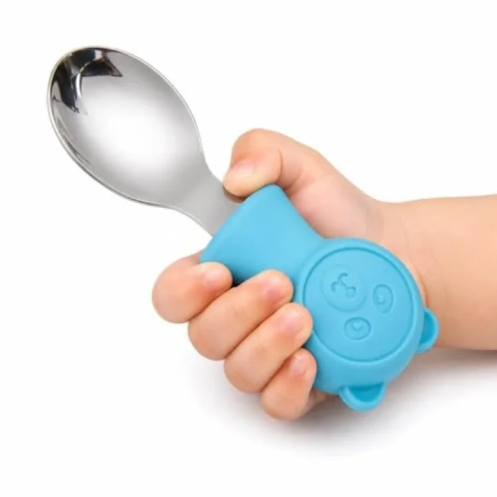 304 Çelik Panda Bebek Kaşık Çatal SetiSilikon Saplı BPA İçermez Ergonomik Kaymaz Mavi