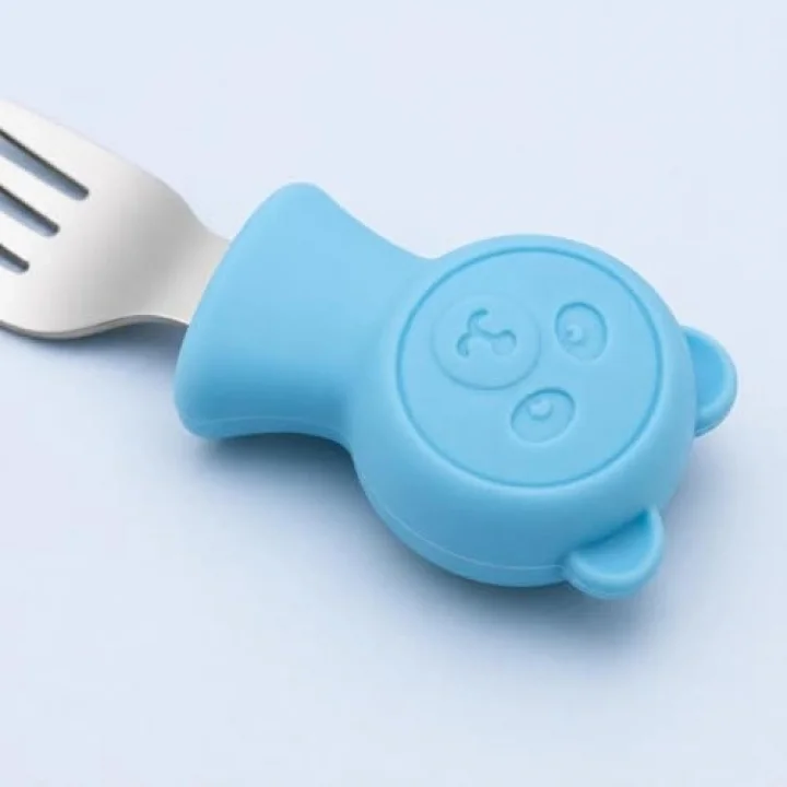 304 Çelik Panda Bebek Kaşık Çatal SetiSilikon Saplı BPA İçermez Ergonomik Kaymaz Mavi