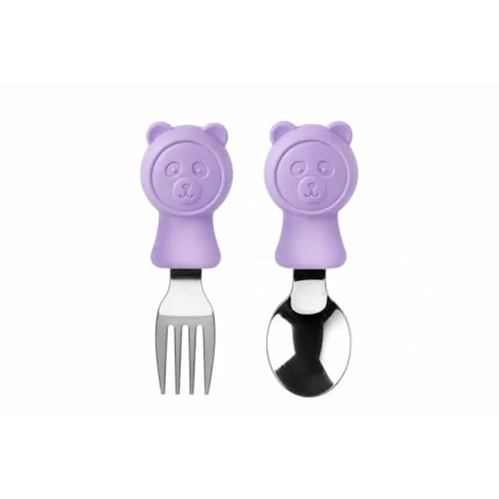 304 Çelik Panda Bebek Kaşık Çatal SetiSilikon Saplı BPA İçermez Ergonomik Kaymaz Mor