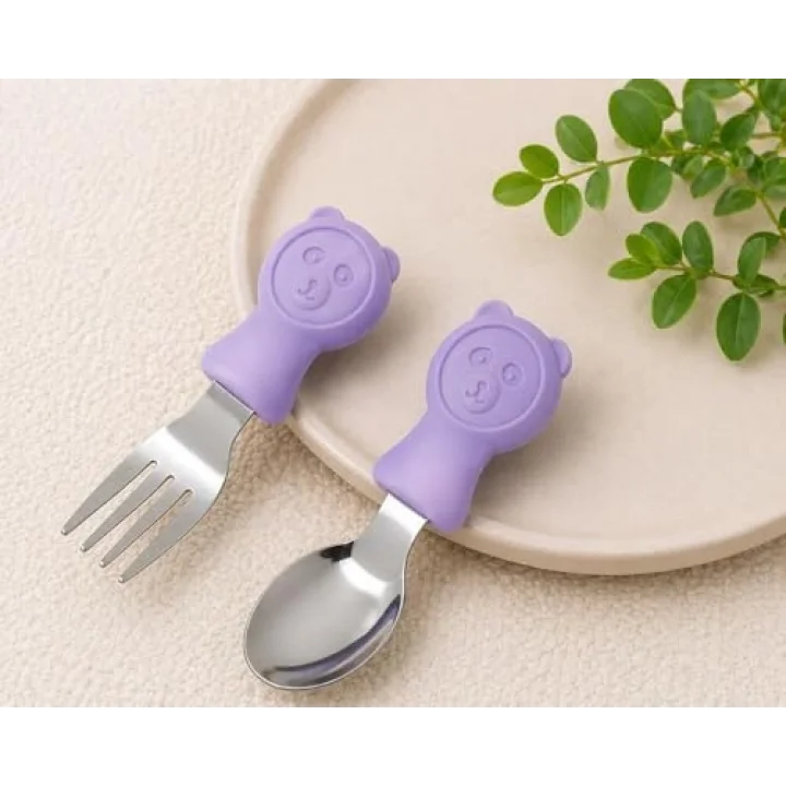304 Çelik Panda Bebek Kaşık Çatal SetiSilikon Saplı BPA İçermez Ergonomik Kaymaz Mor