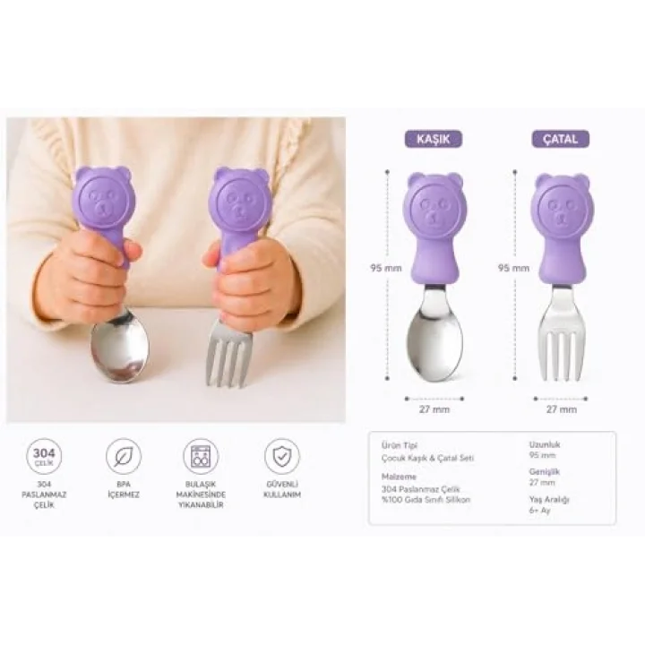 304 Çelik Panda Bebek Kaşık Çatal SetiSilikon Saplı BPA İçermez Ergonomik Kaymaz Mor