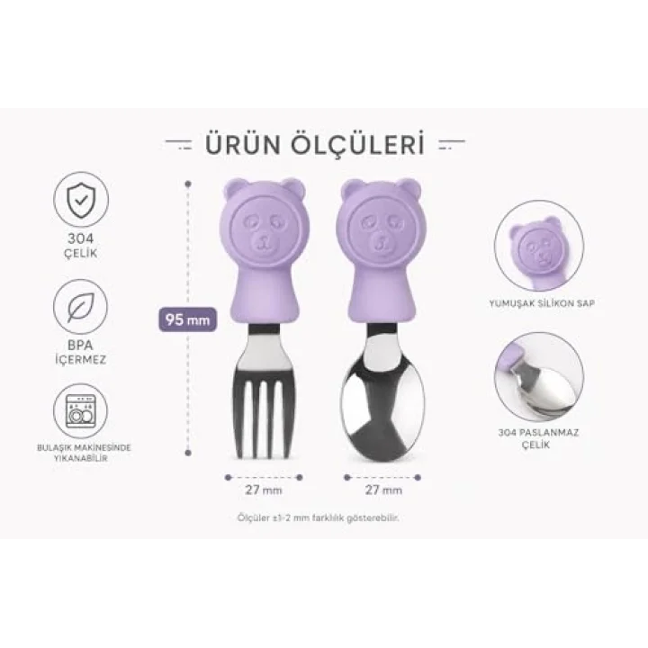 304 Çelik Panda Bebek Kaşık Çatal SetiSilikon Saplı BPA İçermez Ergonomik Kaymaz Mor