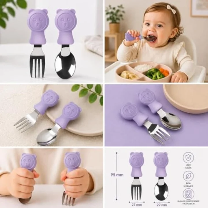 304 Çelik Panda Bebek Kaşık Çatal SetiSilikon Saplı BPA İçermez Ergonomik Kaymaz Mor