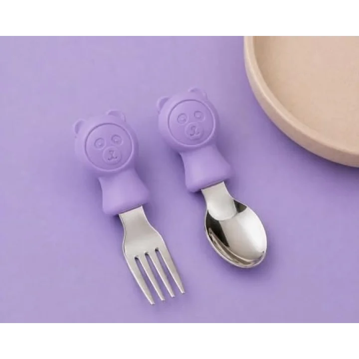 304 Çelik Panda Bebek Kaşık Çatal SetiSilikon Saplı BPA İçermez Ergonomik Kaymaz Mor