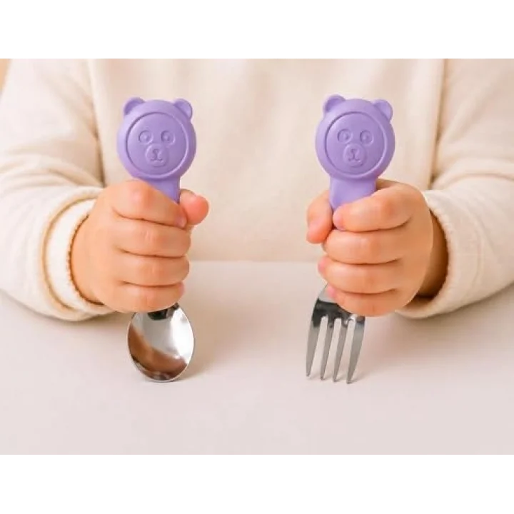304 Çelik Panda Bebek Kaşık Çatal SetiSilikon Saplı BPA İçermez Ergonomik Kaymaz Mor