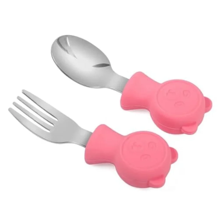 304 Çelik Panda Bebek Kaşık Çatal SetiSilikon Saplı BPA İçermez Ergonomik Kaymaz Pembe