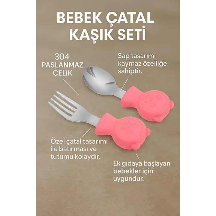 304 Çelik Panda Bebek Kaşık Çatal SetiSilikon Saplı BPA İçermez Ergonomik Kaymaz Pembe