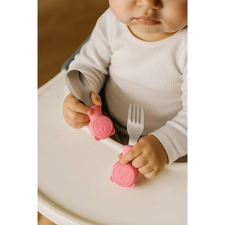 304 Çelik Panda Bebek Kaşık Çatal SetiSilikon Saplı BPA İçermez Ergonomik Kaymaz Pembe