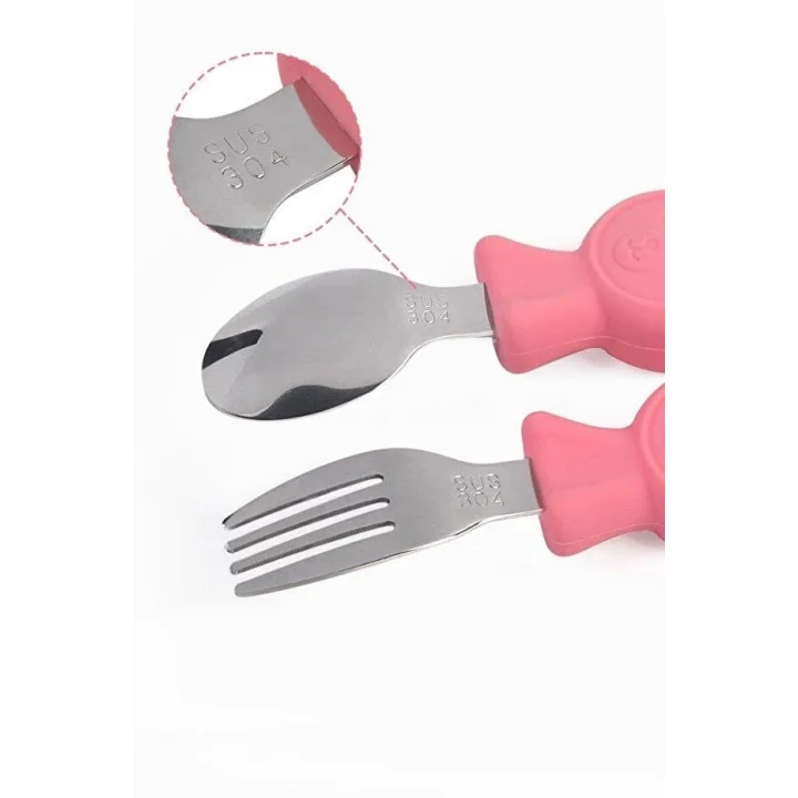 304 Çelik Panda Bebek Kaşık Çatal SetiSilikon Saplı BPA İçermez Ergonomik Kaymaz Pembe