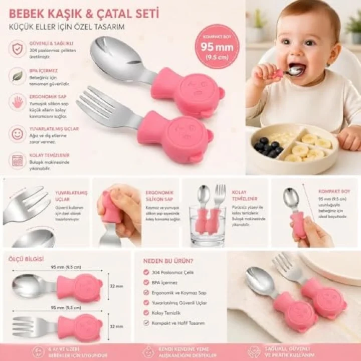 304 Çelik Panda Bebek Kaşık Çatal SetiSilikon Saplı BPA İçermez Ergonomik Kaymaz Pembe
