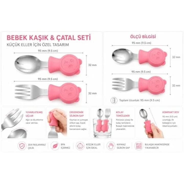 304 Çelik Panda Bebek Kaşık Çatal SetiSilikon Saplı BPA İçermez Ergonomik Kaymaz Pembe