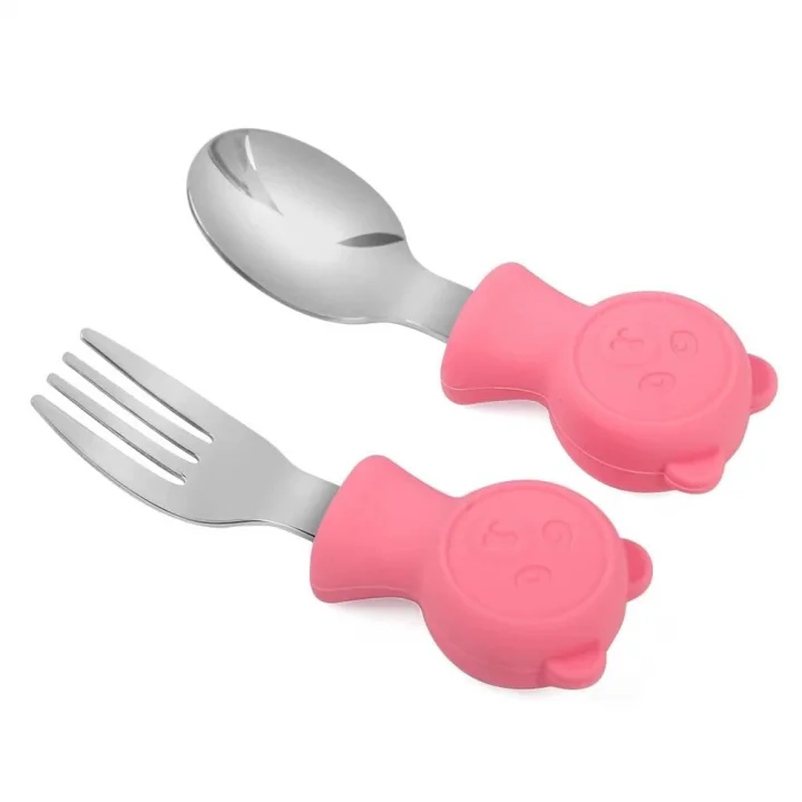 304 Çelik Panda Bebek Kaşık Çatal SetiSilikon Saplı BPA İçermez Ergonomik Kaymaz Pembe