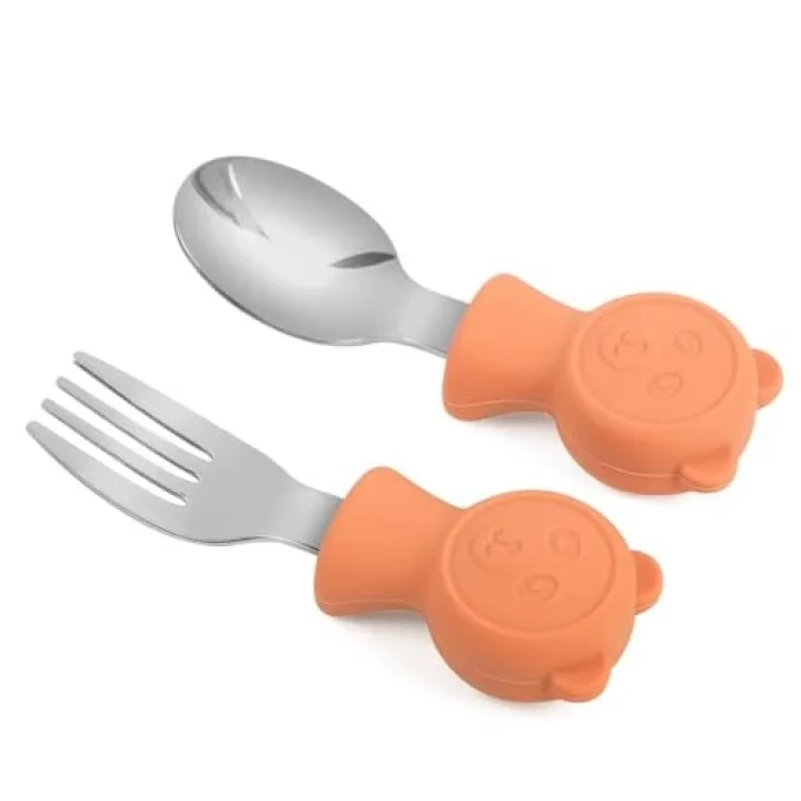 304 Çelik Panda Bebek Kaşık Çatal SetiSilikon Saplı BPA İçermez Ergonomik Kaymaz Turuncu