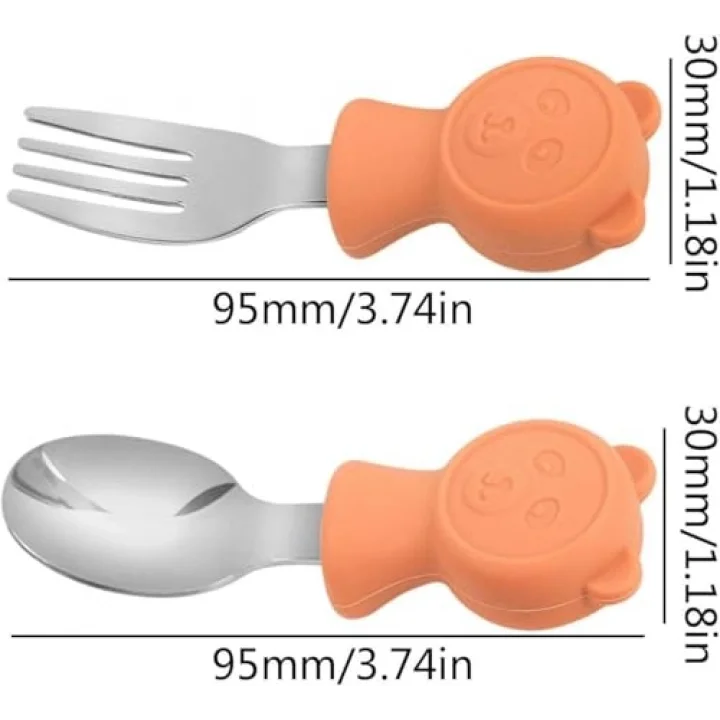 304 Çelik Panda Bebek Kaşık Çatal SetiSilikon Saplı BPA İçermez Ergonomik Kaymaz Turuncu