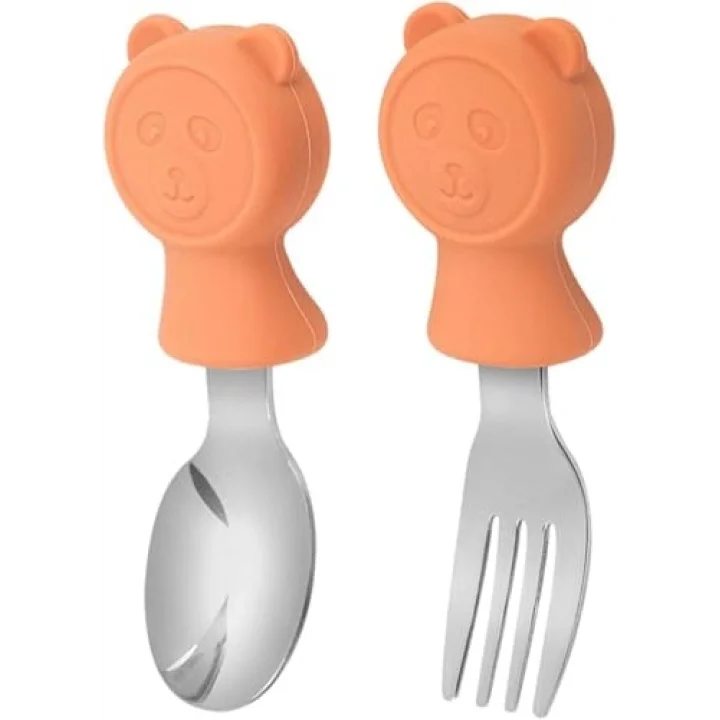304 Çelik Panda Bebek Kaşık Çatal SetiSilikon Saplı BPA İçermez Ergonomik Kaymaz Turuncu