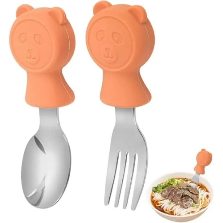 304 Çelik Panda Bebek Kaşık Çatal SetiSilikon Saplı BPA İçermez Ergonomik Kaymaz Turuncu