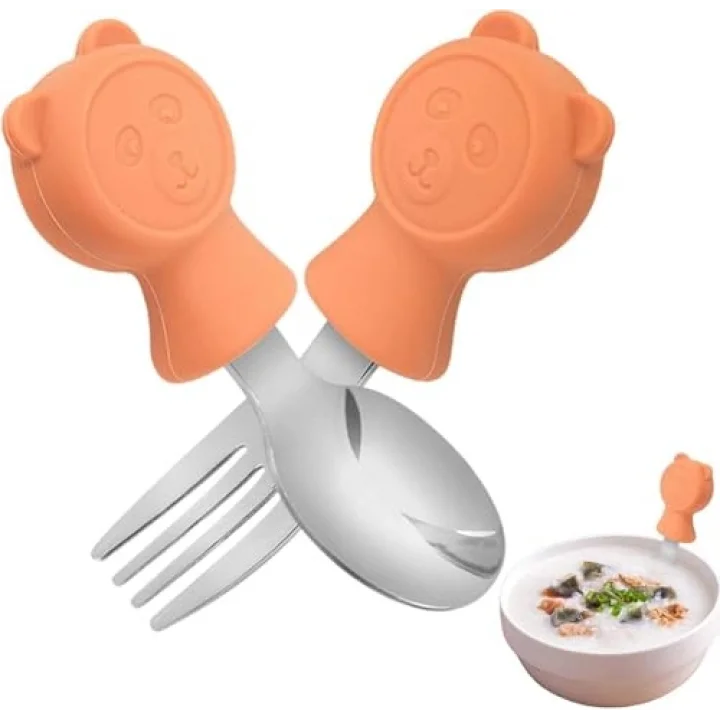304 Çelik Panda Bebek Kaşık Çatal SetiSilikon Saplı BPA İçermez Ergonomik Kaymaz Turuncu