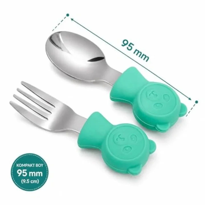 304 Çelik Panda Bebek Kaşık Çatal SetiSilikon Saplı BPA İçermez Ergonomik Kaymaz Yeşil