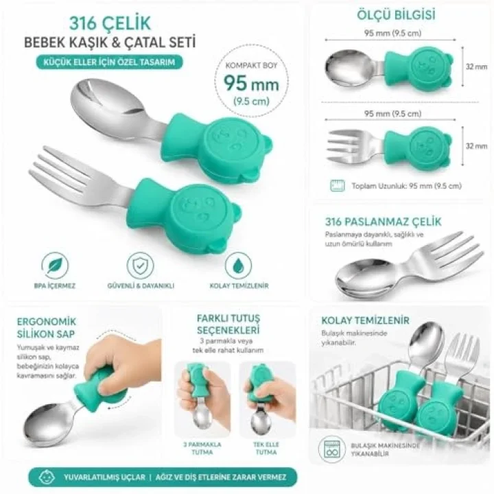 304 Çelik Panda Bebek Kaşık Çatal SetiSilikon Saplı BPA İçermez Ergonomik Kaymaz Yeşil