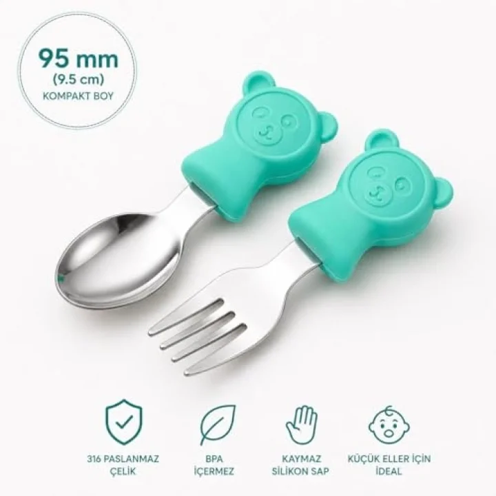 304 Çelik Panda Bebek Kaşık Çatal SetiSilikon Saplı BPA İçermez Ergonomik Kaymaz Yeşil