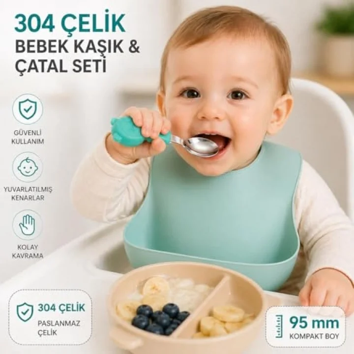 304 Çelik Panda Bebek Kaşık Çatal SetiSilikon Saplı BPA İçermez Ergonomik Kaymaz Yeşil