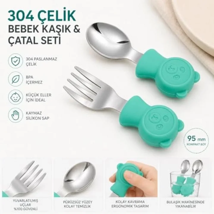304 Çelik Panda Bebek Kaşık Çatal SetiSilikon Saplı BPA İçermez Ergonomik Kaymaz Yeşil