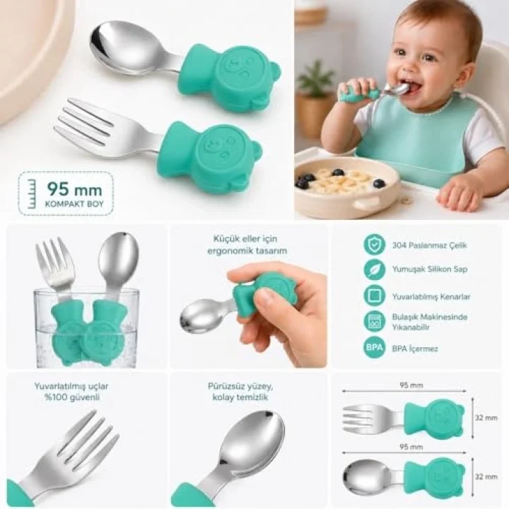 304 Çelik Panda Bebek Kaşık Çatal SetiSilikon Saplı BPA İçermez Ergonomik Kaymaz Yeşil
