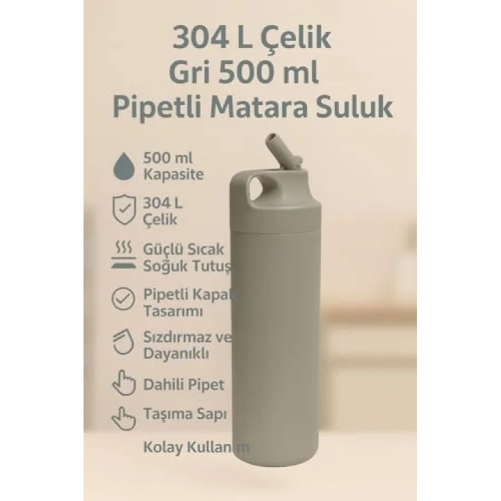 304 L Çelik Gri 500 ml Pipetli Matara Suluk cin414gr
