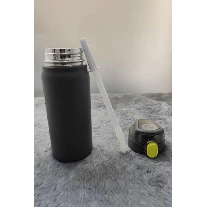 304 L Çelik Siyah 600 ml Askılı ve Pipetli Matara Suluk cin411sy