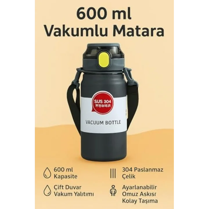 304 L Çelik Siyah 600 ml Askılı ve Pipetli Matara Suluk cin411sy