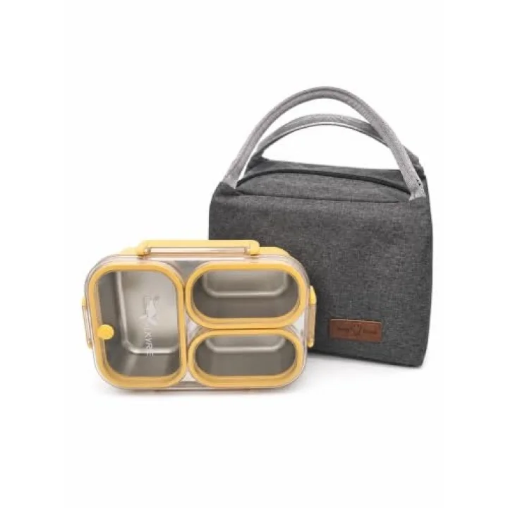 304 Paslanmaz Çelik 3 Bölmeli Sarı Lunch Box Termal Çantalı – Sızdırmaz Kapaklı Beslenme Kabı