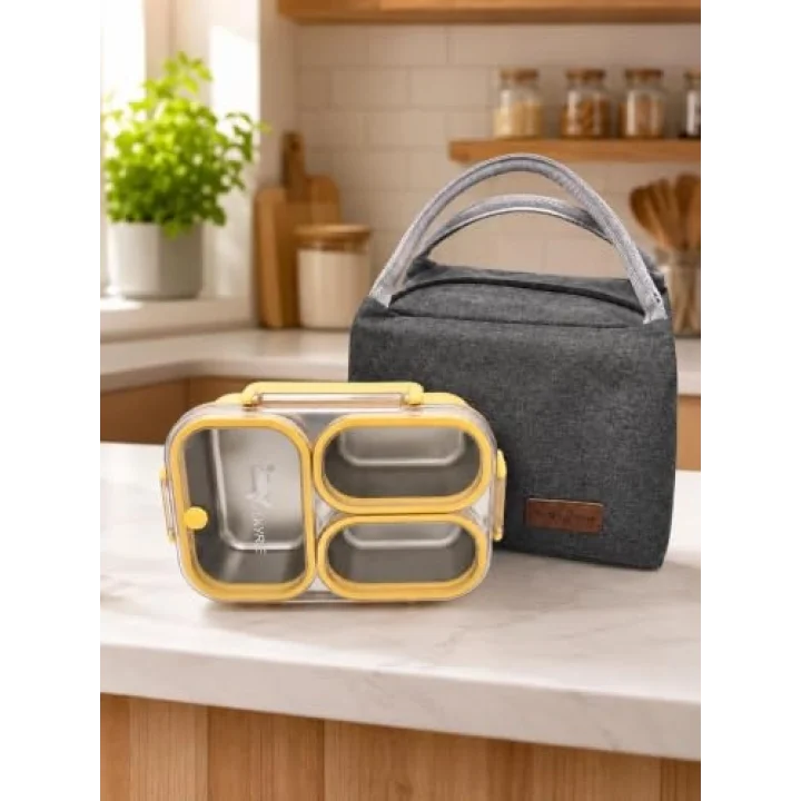 304 Paslanmaz Çelik 3 Bölmeli Sarı Lunch Box Termal Çantalı – Sızdırmaz Kapaklı Beslenme Kabı
