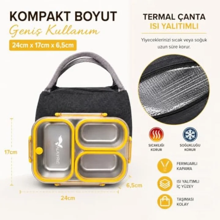 304 Paslanmaz Çelik 3 Bölmeli Sarı Lunch Box Termal Çantalı – Sızdırmaz Kapaklı Beslenme Kabı