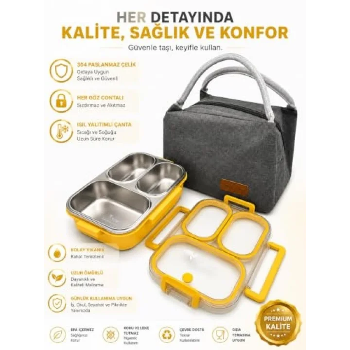 304 Paslanmaz Çelik 3 Bölmeli Sarı Lunch Box Termal Çantalı – Sızdırmaz Kapaklı Beslenme Kabı
