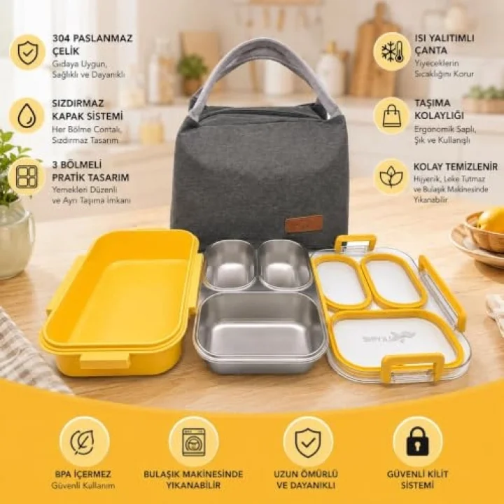 304 Paslanmaz Çelik 3 Bölmeli Sarı Lunch Box Termal Çantalı – Sızdırmaz Kapaklı Beslenme Kabı