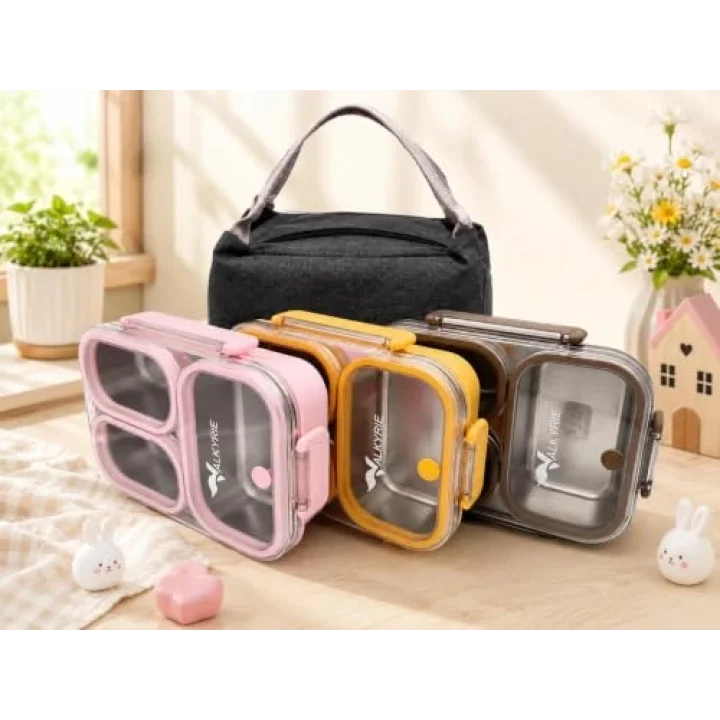 304 Paslanmaz Çelik 3 Bölmeli Sarı Lunch Box Termal Çantalı – Sızdırmaz Kapaklı Beslenme Kabı