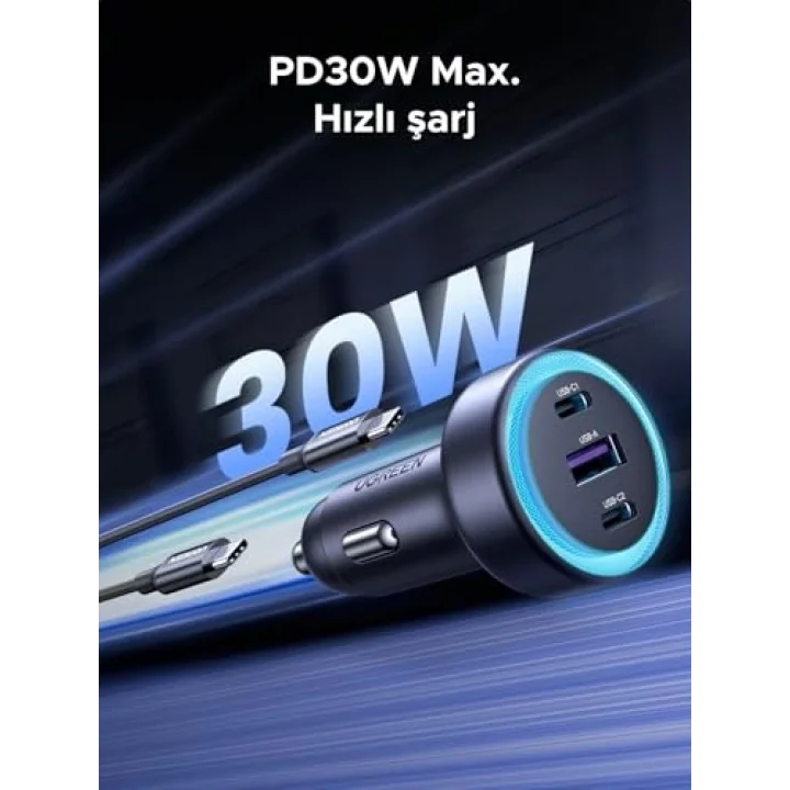 30W 3 Portlu Araç İçi Şarj Cihazı Çakmaklık Adaptörü, 45843