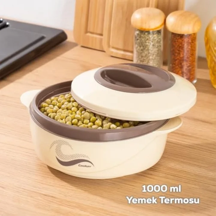 3149 1000 mL Yemek Termosu - Sızdırmaz Kilitlenebilir Kapak Paslanmaz Çelik Sefer Tası - Krem