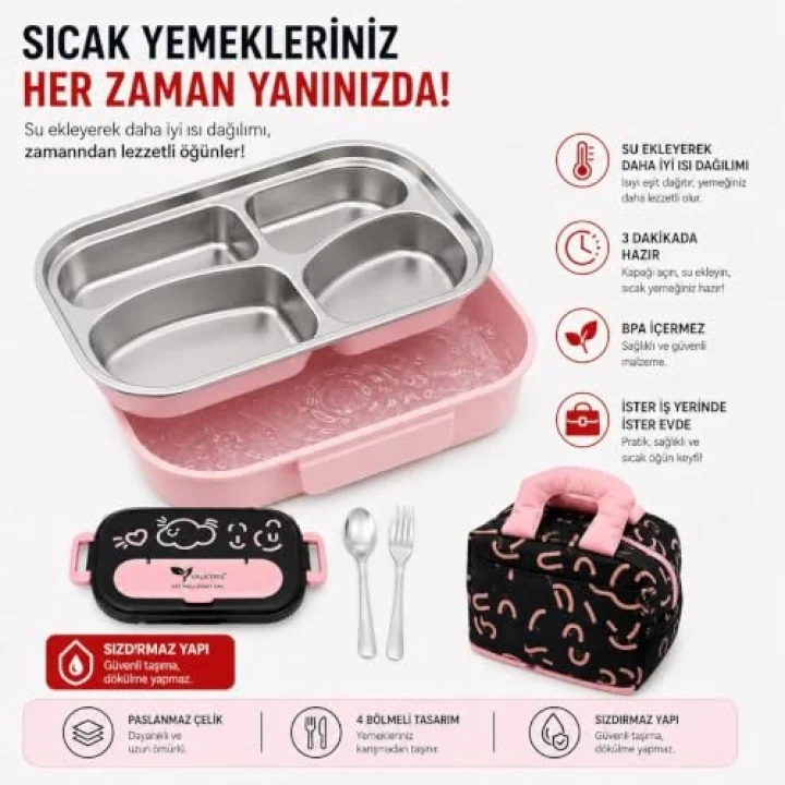 316 Paslanmaz Çelik Lunch Box Termal Taşıma Çantalı 4 Bölmeli Sızdırmaz Beslenme Kabı BPA İçermez Çatal Kaşık Hediyeli Pembe
