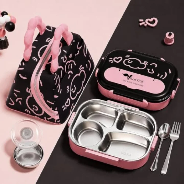 316 Paslanmaz Çelik Lunch Box Termal Taşıma Çantalı 4 Bölmeli Sızdırmaz Beslenme Kabı BPA İçermez Çatal Kaşık Hediyeli Pembe