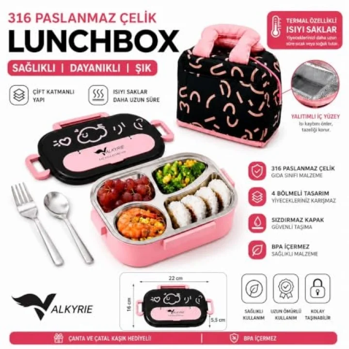 316 Paslanmaz Çelik Lunch Box Termal Taşıma Çantalı 4 Bölmeli Sızdırmaz Beslenme Kabı BPA İçermez Çatal Kaşık Hediyeli Pembe