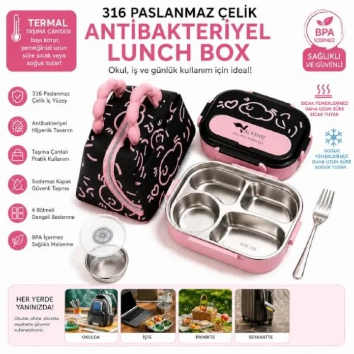 316 Paslanmaz Çelik Lunch Box Termal Taşıma Çantalı 4 Bölmeli Sızdırmaz Beslenme Kabı BPA İçermez Çatal Kaşık Hediyeli Pembe