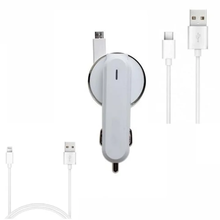 3.1A 15watt Araç Şarj Aleti Micro USB Kırılmaz Kablo + Lighting ile Uyumlu Kablo Hediyeli + Type-C Kablo Hediyeli (Tüm Telefon Girişlerine uyumludur)