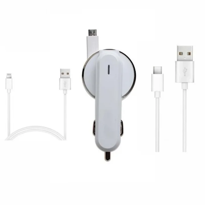 3.1A 15watt Araç Şarj Aleti Micro USB Kırılmaz Kablo + Lighting ile Uyumlu Kablo Hediyeli + Type-C Kablo Hediyeli (Tüm Telefon Girişlerine uyumludur)