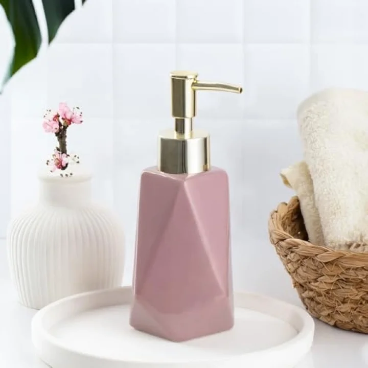3203 Seramik Sıvı Sabunluk - Tezgah Üstü Banyo Mutfak Lavabo Sabunluğu - 250 cc Pudra