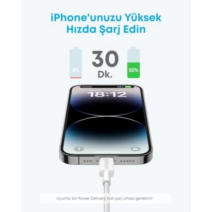 322 USB-C to Lightning Örgülü Kablo, 1.8 m, Beyaz - A81B6