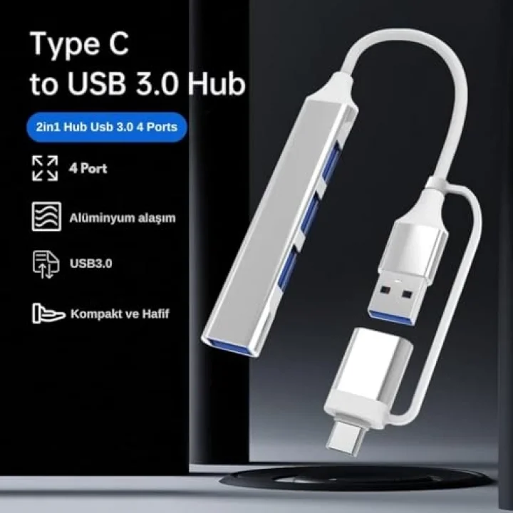 3360 Usb 3.0 Type C Hub 4 Port Çoklayıcı Çoğaltıcı Çevirici Dönüştürücü Adaptör 2si 1 Arada USB & Type-C 4 Portlu Hub USB Type-A & USB Type-C (Hibrit Tasarım) 5 Gbps (USB 3.0 Destekli)